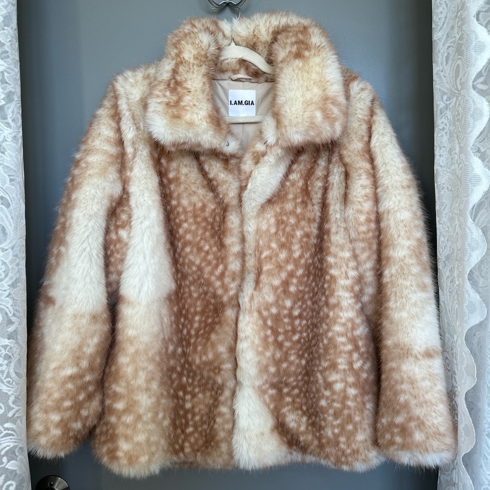 I.AM.GIA Cream and Brown Bambi Deer Print Faux Fur Jacket